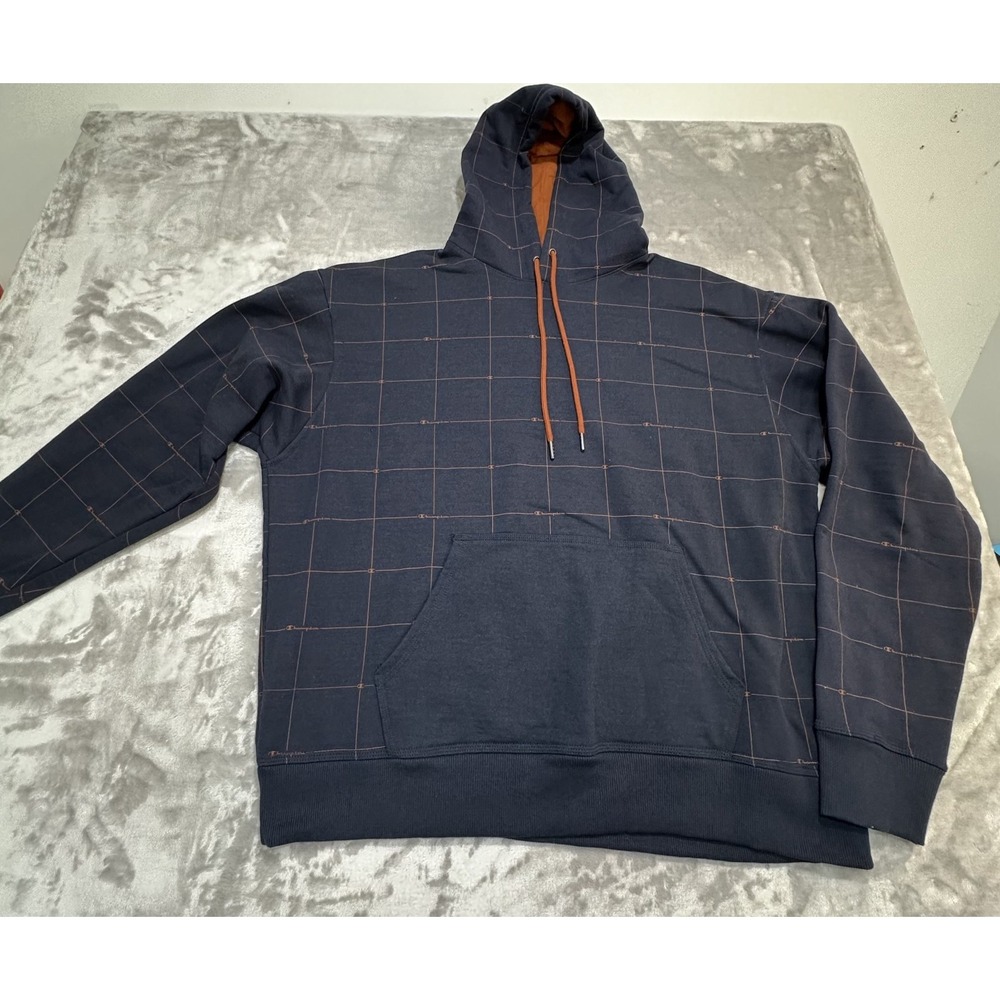 Champion Hoodie Men's‎ Size XL Blue Orange All Over Print Grid Drawstring EUC